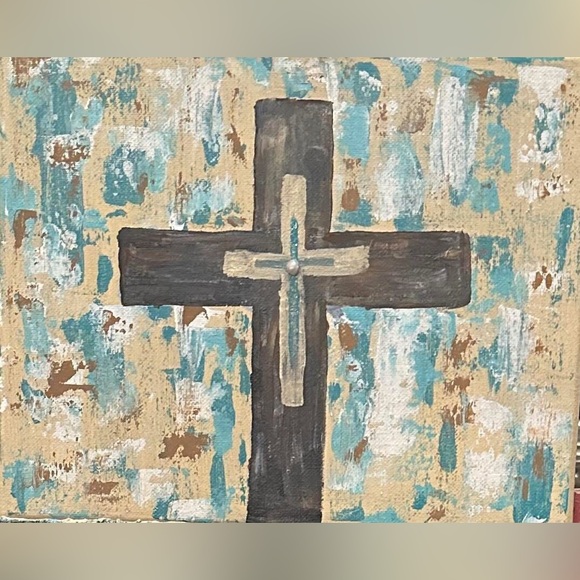 Handmade Other - Rustic Turquoise & Brown Cross Wall Art Painting by